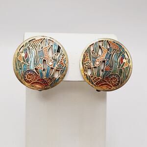 Vintage Cloisonné Enamel Fish & Reeds Round Clip Earrings